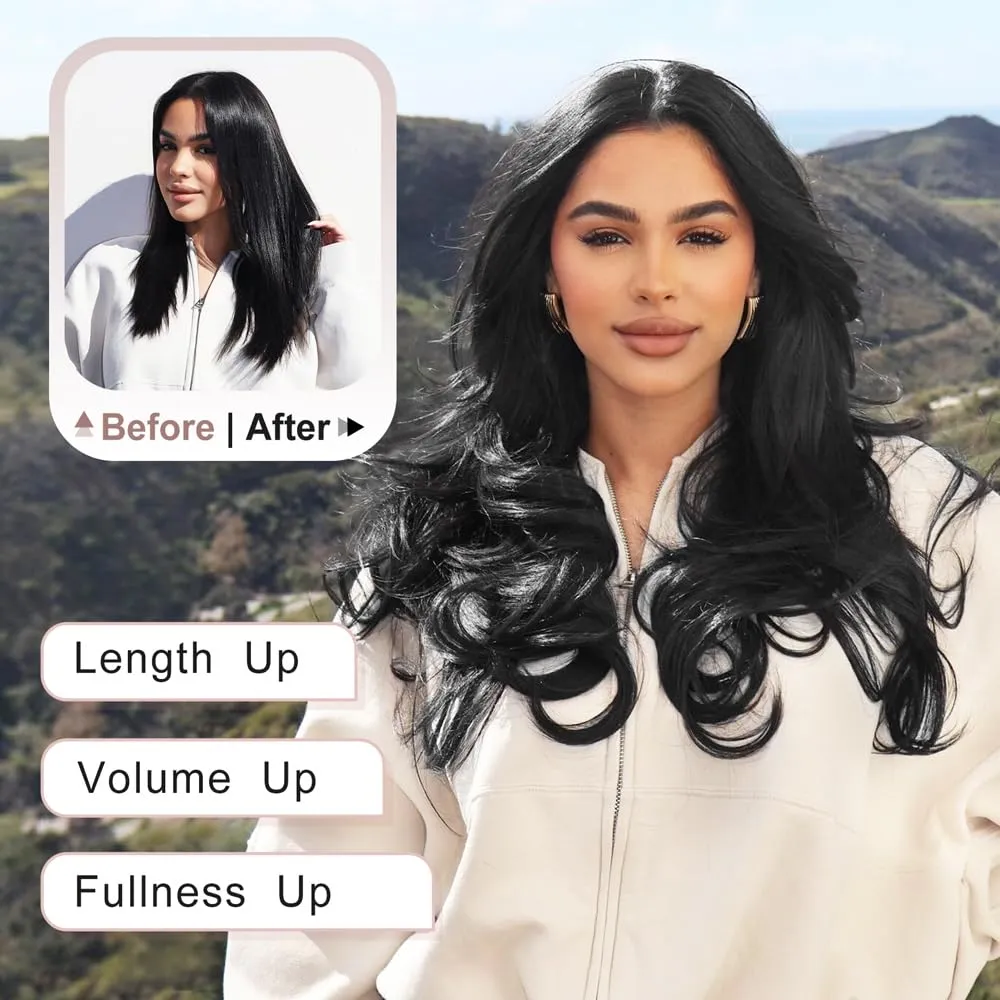 ALXNAN Hair Extensions, 4PCS Clip in Hair Extensions,16 Inches Black Long Wavy Natural Soft Synthetic Hairpieces for Women