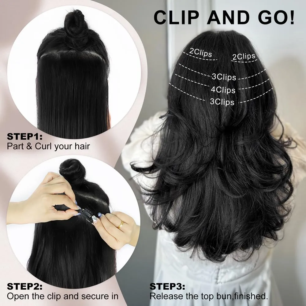 ALXNAN Hair Extensions, 4PCS Clip in Hair Extensions,16 Inches Black Long Wavy Natural Soft Synthetic Hairpieces for Women