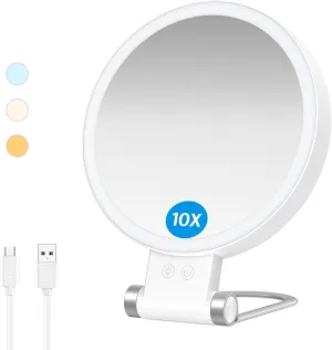 AMIR Travel Makeup Mirror with Light, Double Sided 10X /1X Magnifying Mirror with 3 Color Setting, 360° Table Stand Cosmetic for Makeup/Travel, Tweezing, Blackhead, Blemish Removal