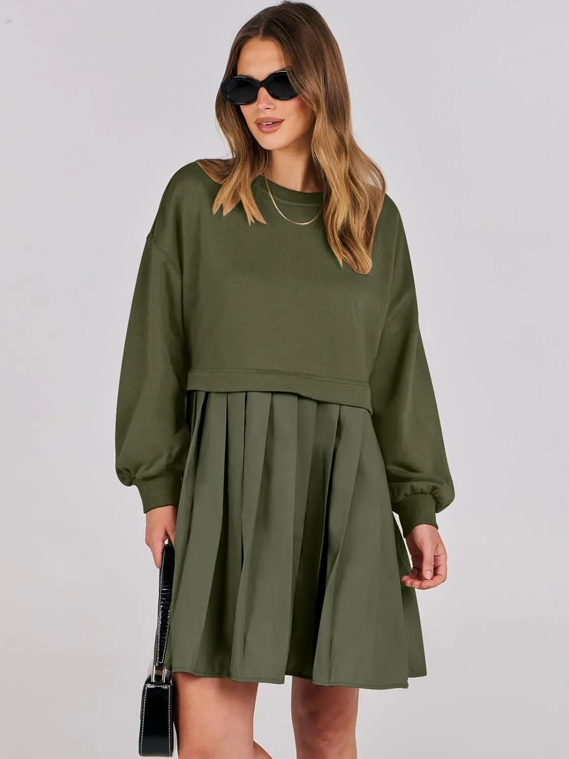 ANRABESS Women Sweatshirts Dress Oversized Long Sleeve Patchwork Casual Loose Pleated Pullover Mini Dress Fall Outfits 2025