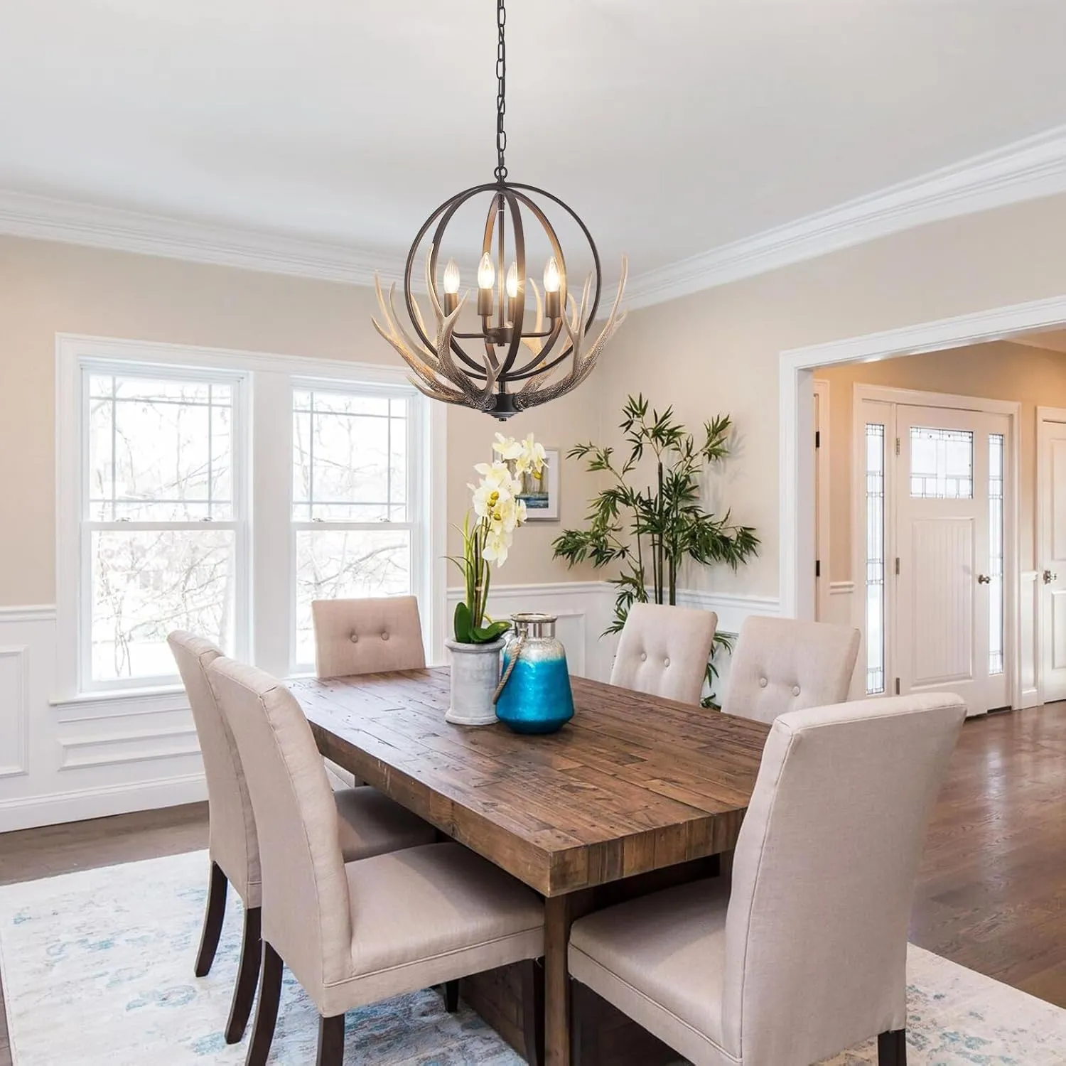 Antler Chandelier 4-Light Farmhouse Rustic Chandelier for Dining Room Light Fixture with 4 Resin Deer and Metal Globe Chandeliers Vintage Pendant Lights for Kitchen Island Foyer Entryway Living Room