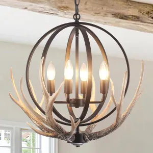 Antler Chandelier 4-Light Farmhouse Rustic Chandelier for Dining Room Light Fixture with 4 Resin Deer and Metal Globe Chandeliers Vintage Pendant Lights for Kitchen Island Foyer Entryway Living Room