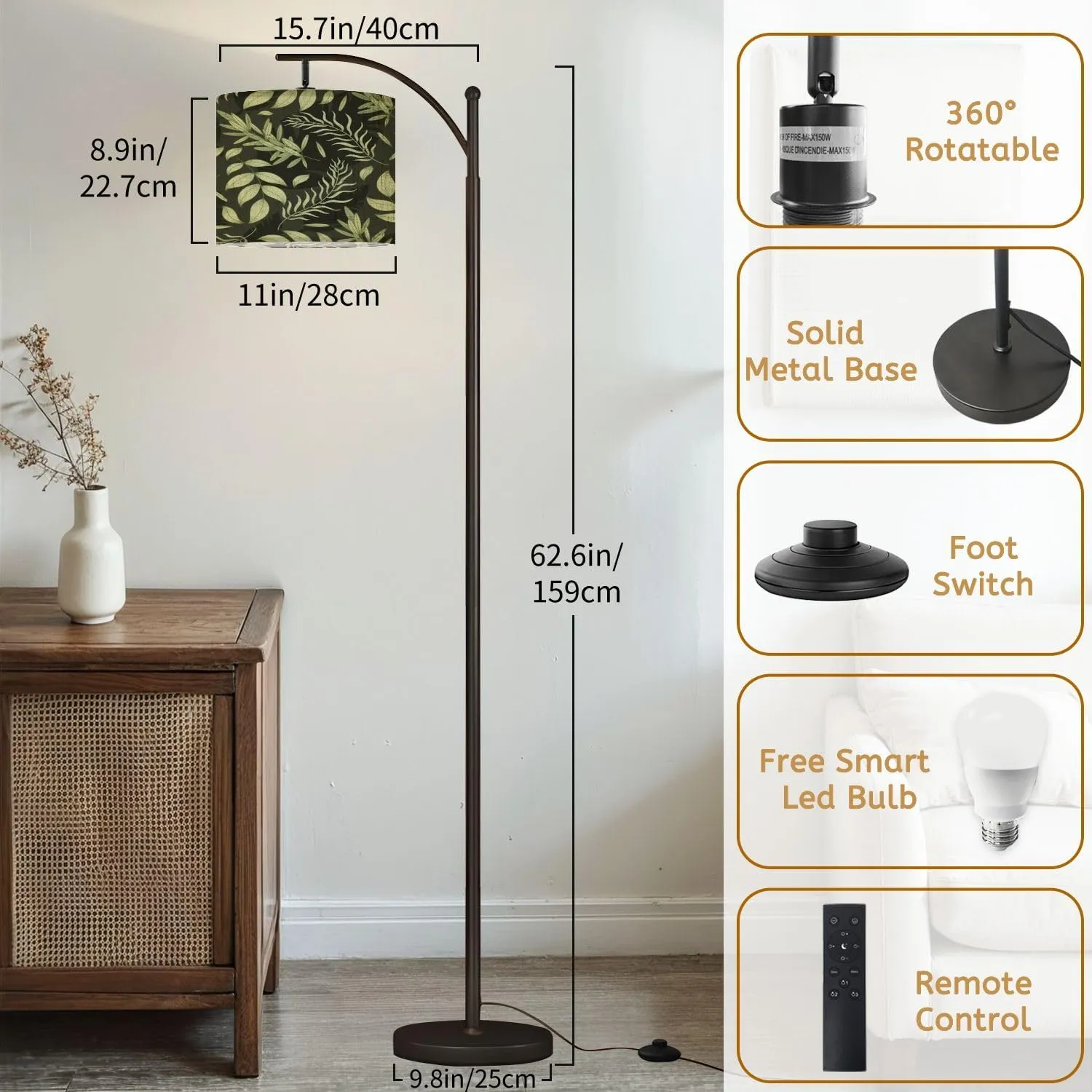 Arc Floor Lamps Decorative Natural Green twig Leaves Seamless Flat Pattern Plant Modern LED Adjustable Lampshade Standing Light for Living Room Reading Bedroom Office