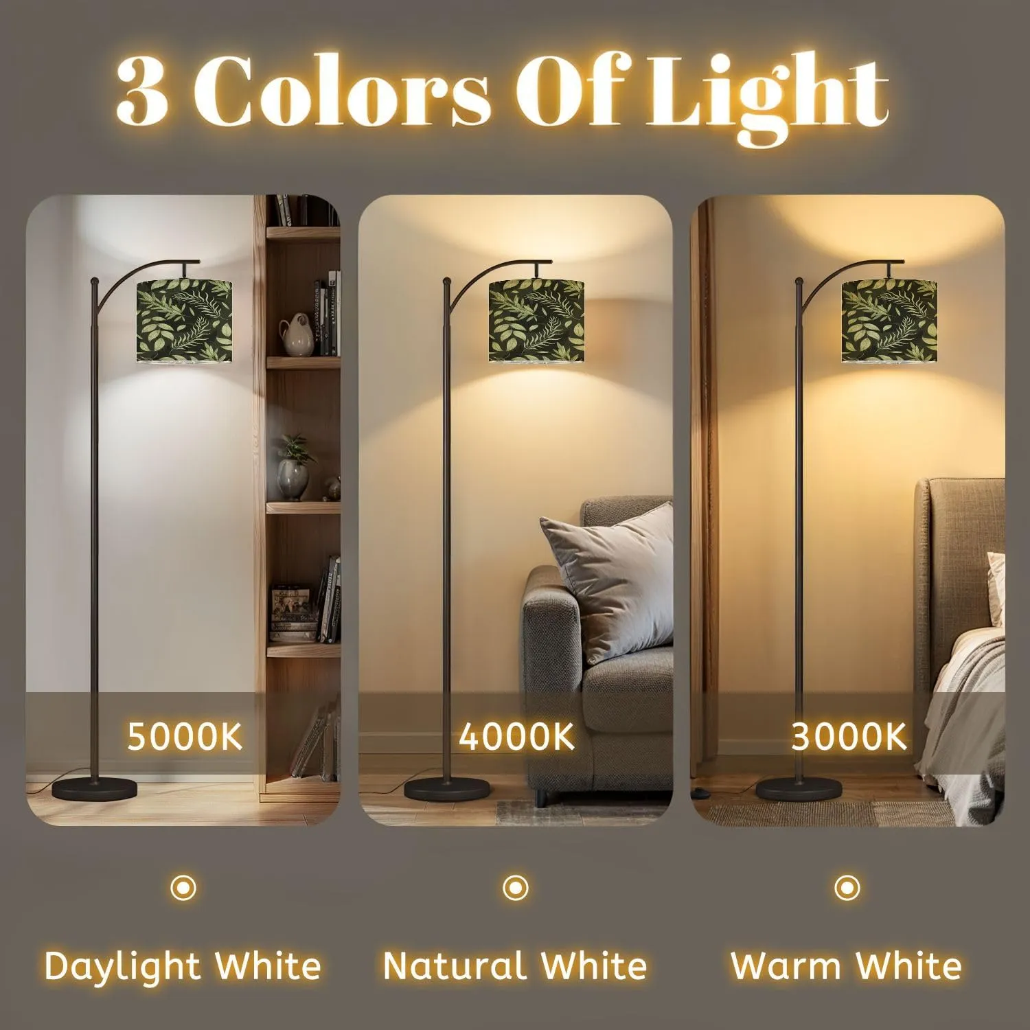Arc Floor Lamps Decorative Natural Green twig Leaves Seamless Flat Pattern Plant Modern LED Adjustable Lampshade Standing Light for Living Room Reading Bedroom Office
