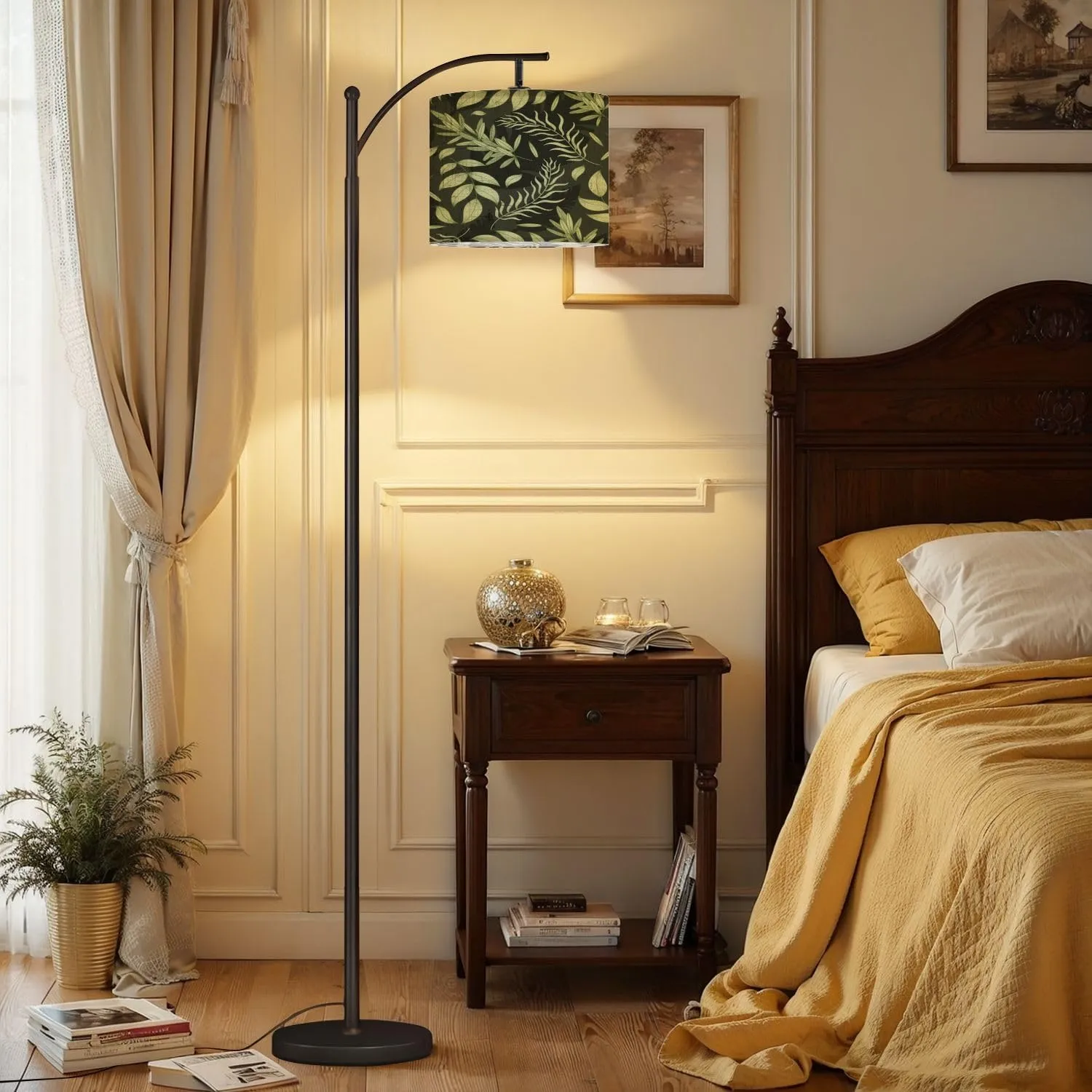 Arc Floor Lamps Decorative Natural Green twig Leaves Seamless Flat Pattern Plant Modern LED Adjustable Lampshade Standing Light for Living Room Reading Bedroom Office
