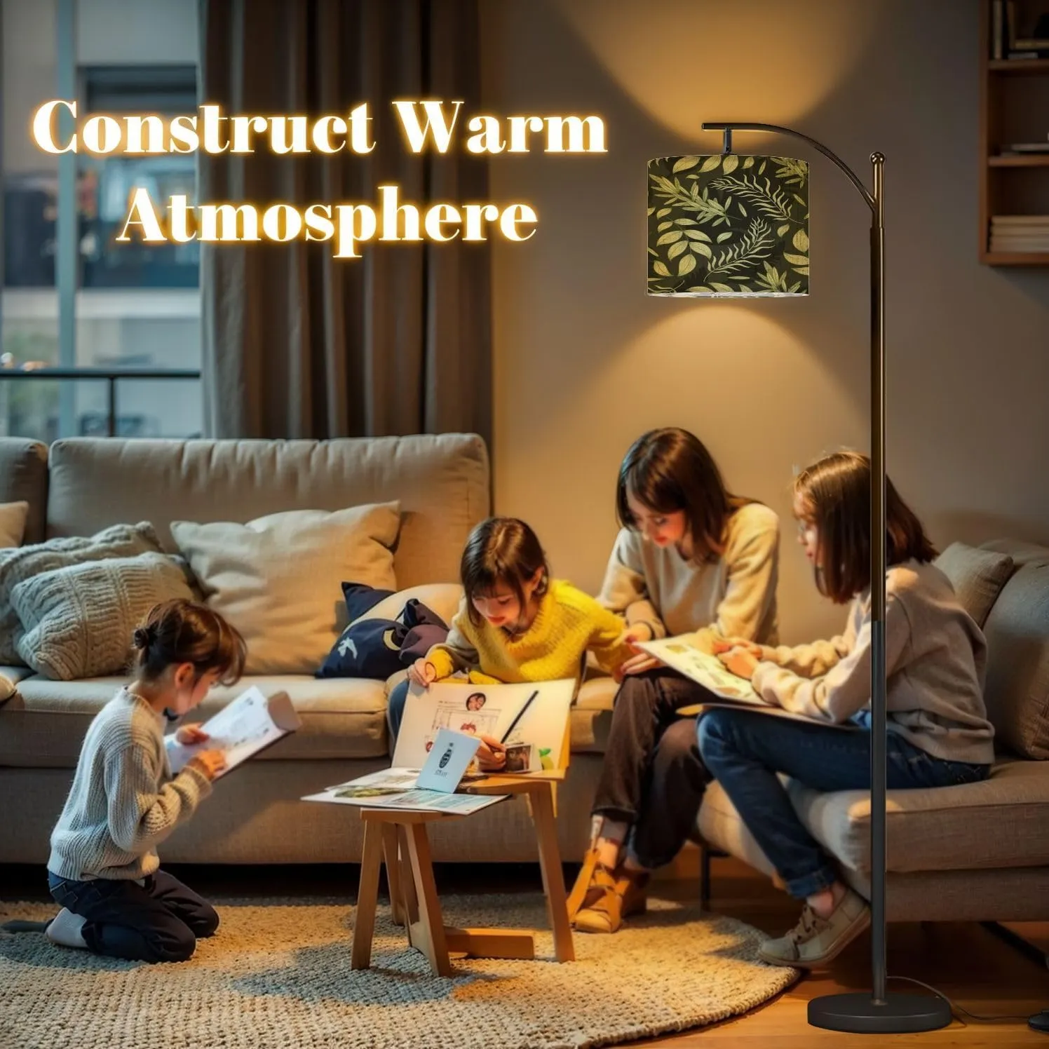 Arc Floor Lamps Decorative Natural Green twig Leaves Seamless Flat Pattern Plant Modern LED Adjustable Lampshade Standing Light for Living Room Reading Bedroom Office