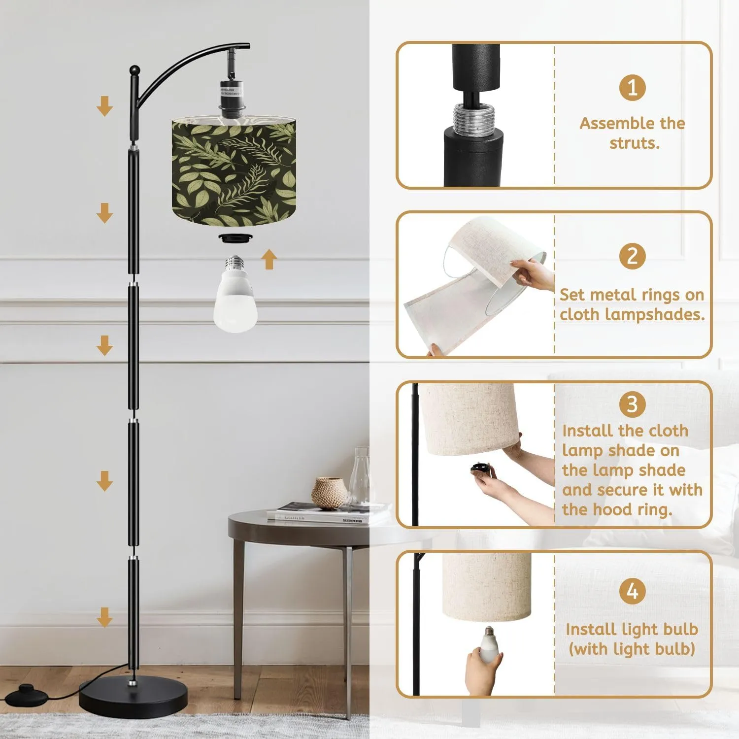 Arc Floor Lamps Decorative Natural Green twig Leaves Seamless Flat Pattern Plant Modern LED Adjustable Lampshade Standing Light for Living Room Reading Bedroom Office