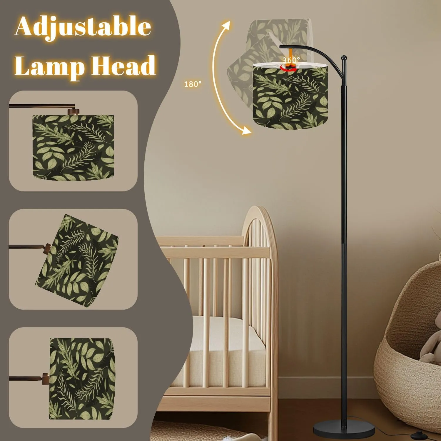 Arc Floor Lamps Decorative Natural Green twig Leaves Seamless Flat Pattern Plant Modern LED Adjustable Lampshade Standing Light for Living Room Reading Bedroom Office