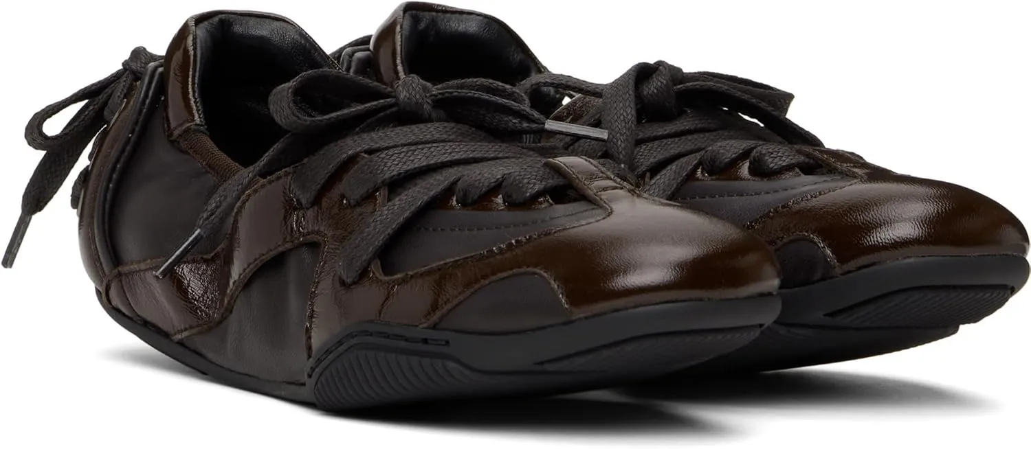 Arqa Women's Lace-up Leather Casual Sneakers Ballet Silhouette Crafted in Leather Cracked Finish Decorative Lacing Back Flat Sneakers Comfortable Outgoing Tennis Walking Shoes