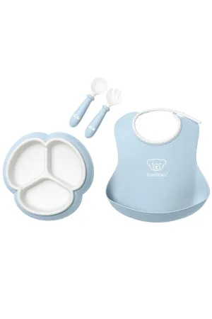 BabyBjörn Mealtime Set, 4 pc, Powder Blue | Includes Baby Plate, Baby Fork, Baby Spoon, and Baby Cup | Dishwasher Safe | Toddler Feeding Set for self-Feeding or Baby-led weaning