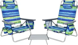 Backpack Beach Chairs Set, 5-Position Lawn Chair & Small Aluminum Table w/Cup Holder, Cooler Bag, Heavy Duty Lay Flat Folding Camping Chairs 3PCS for Fishing & Sunbathing