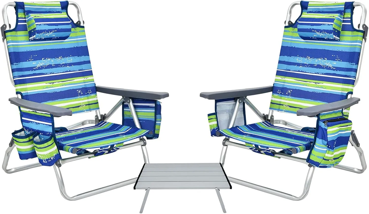 Backpack Beach Chairs Set, 5-Position Lawn Chair & Small Aluminum Table w/Cup Holder, Cooler Bag, Heavy Duty Lay Flat Folding Camping Chairs 3PCS for Fishing & Sunbathing