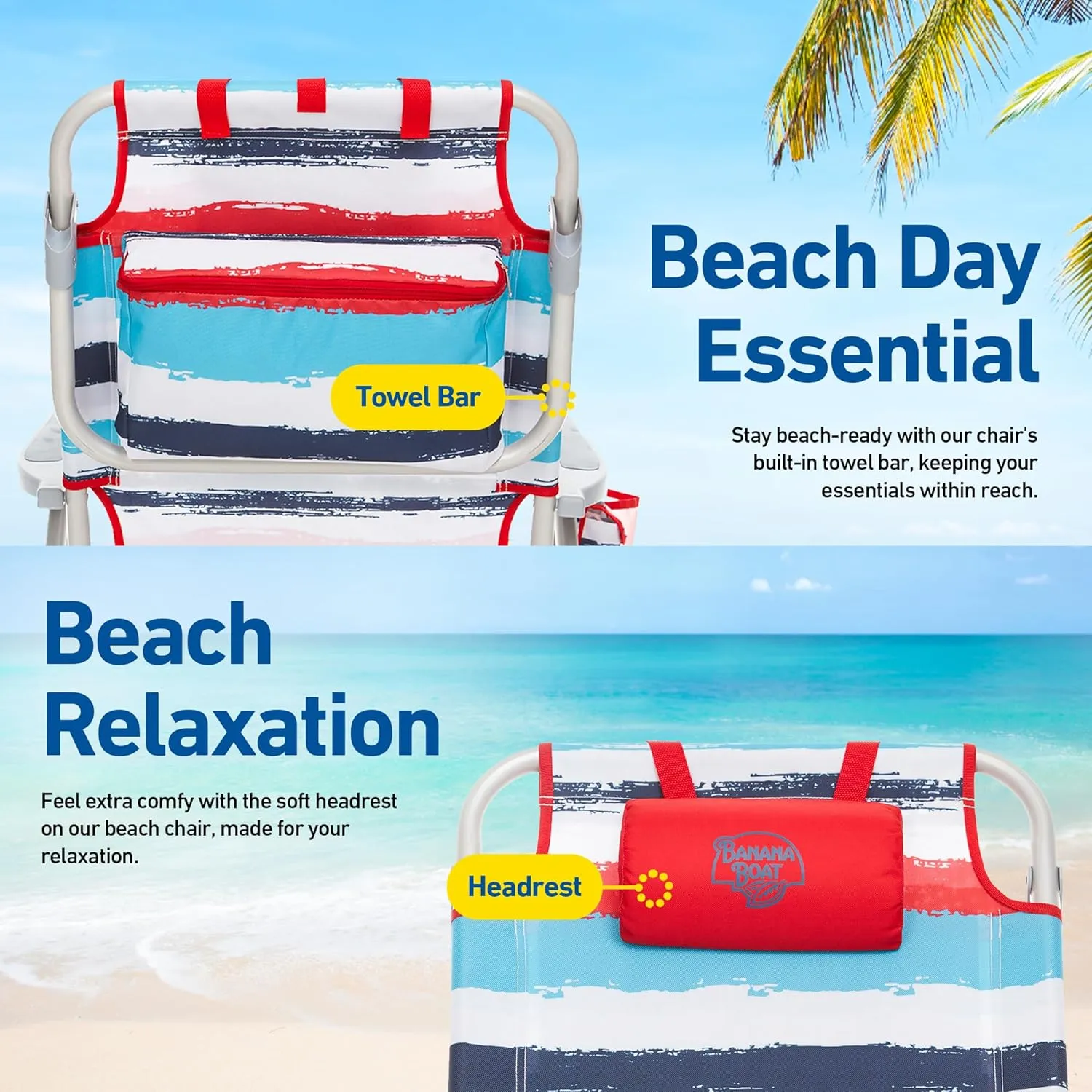 Banana Boat Folding Beach Chair Lightweight Backpack Chairs for Adults 5-Position with Lay Flat Outdoor Heavy Duty Beach Chair, Red (1 PK)