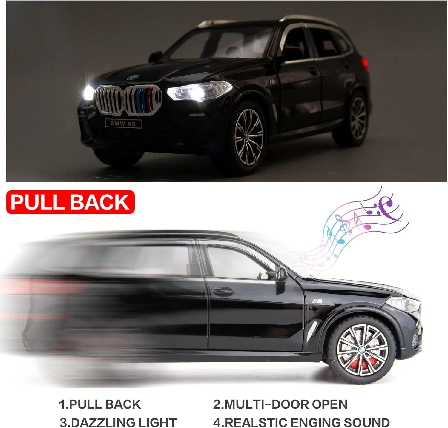 BDTCTK 1:24 Compatible for X5 SUV Model Car Toy, Zinc Alloy Pull Back Toy car with Sound and Light for Kids Boy Girl Gift(Black)