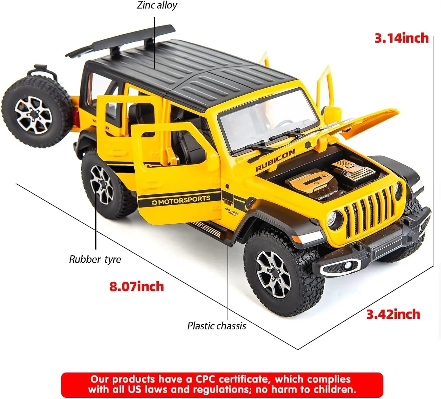 BDTCTK Off-Road 7 Door for Wrangler Diecast Toy Car Model, 1/22 Scale Metal Alloy Vehicle for Kids Boys Girls Adults, Doors Open, Light and Sound, Gifts Yellow