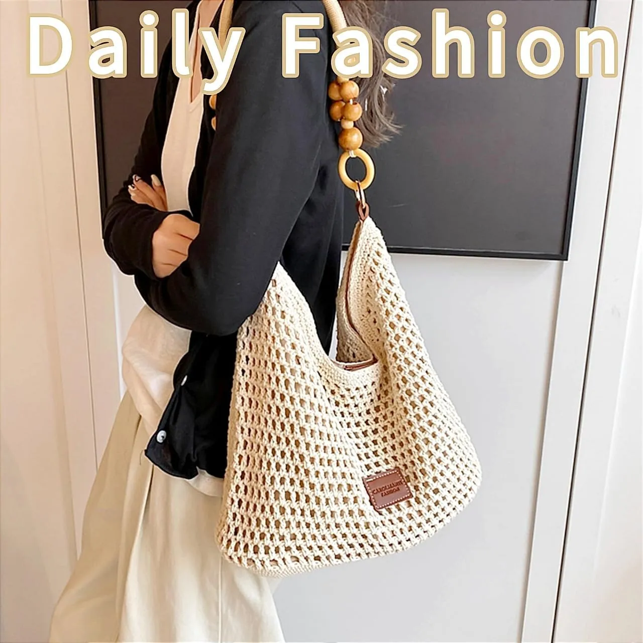 Beach Woven Crochet Bag for Women Straw Hobo Mesh Tote Knit Bags, for Daily Picnic Summer Holiday Travel Vacation
