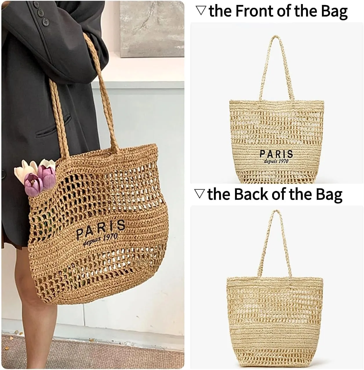Beach Woven Crochet Bag for Women Straw Hobo Mesh Tote Knit Bags, for Daily Picnic Summer Holiday Travel Vacation