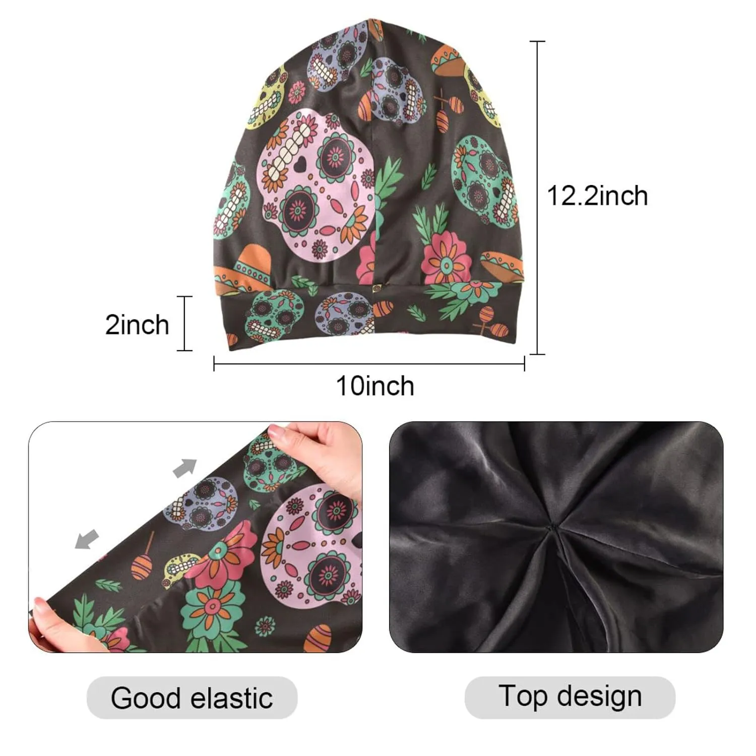Beanie Hat Satin Bonnet Lined Sleep Cap Hair Wrap Cover Slouchy Beanie for Curly Hair Protection for Men Women Black Skull