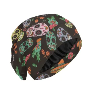 Beanie Hat Satin Bonnet Lined Sleep Cap Hair Wrap Cover Slouchy Beanie for Curly Hair Protection for Men Women Black Skull