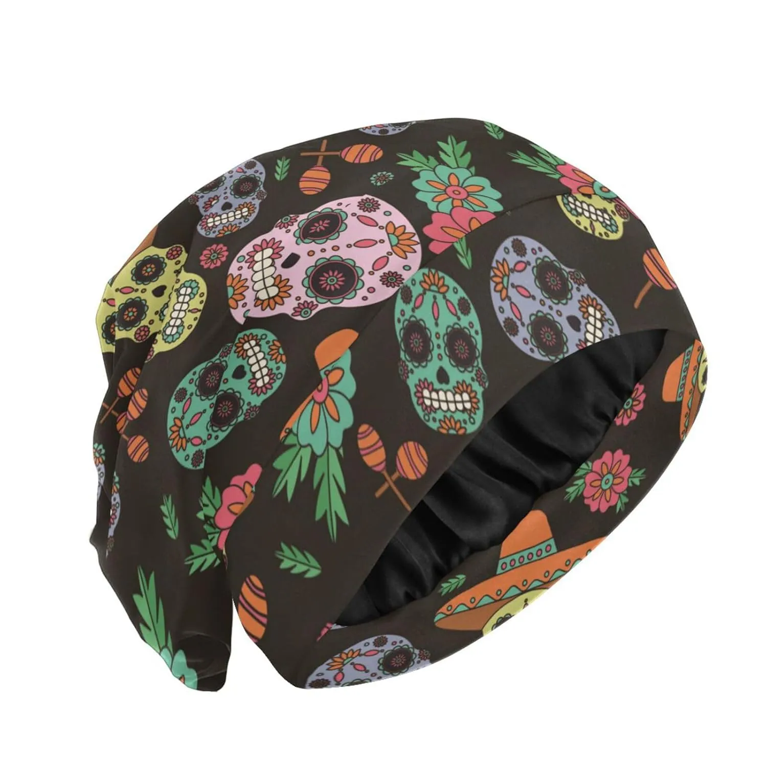 Beanie Hat Satin Bonnet Lined Sleep Cap Hair Wrap Cover Slouchy Beanie for Curly Hair Protection for Men Women Black Skull
