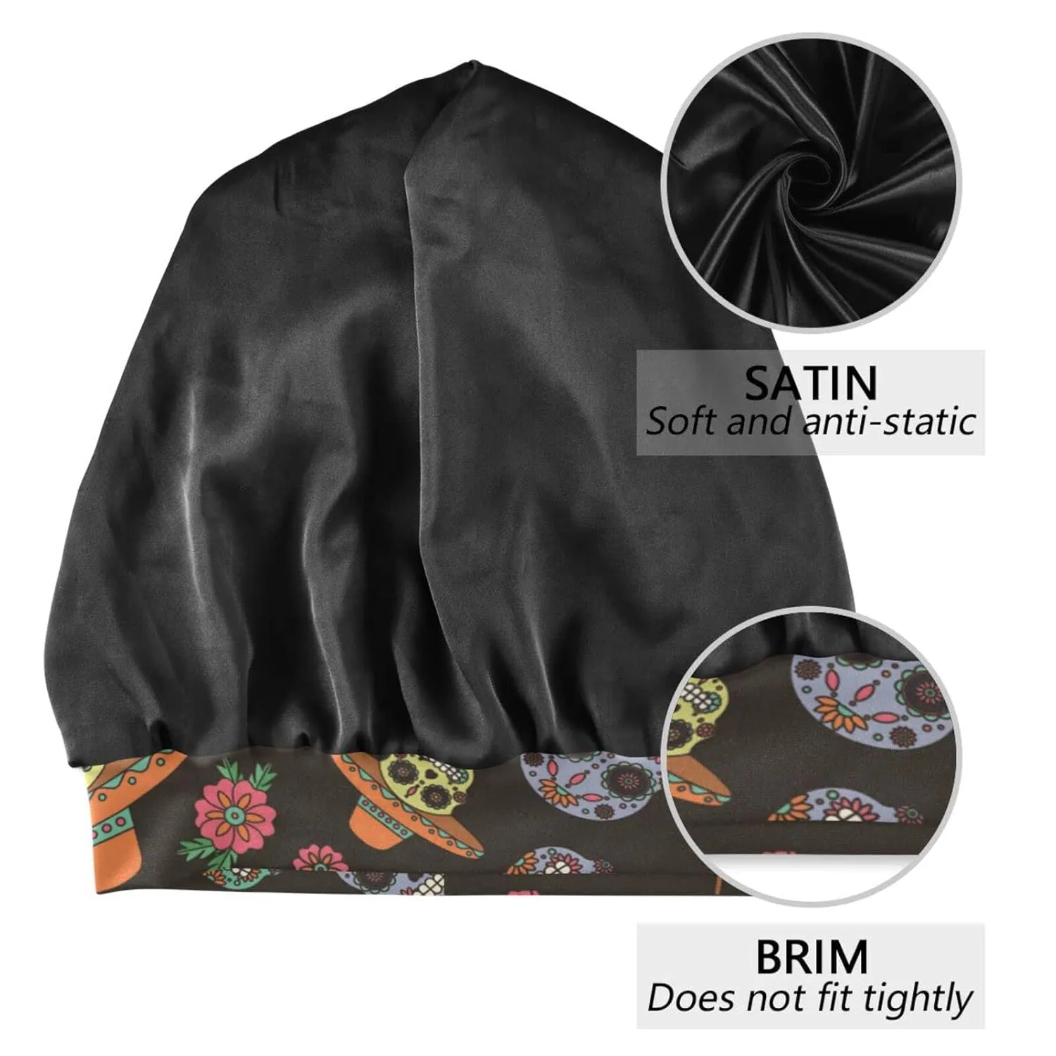 Beanie Hat Satin Bonnet Lined Sleep Cap Hair Wrap Cover Slouchy Beanie for Curly Hair Protection for Men Women Black Skull