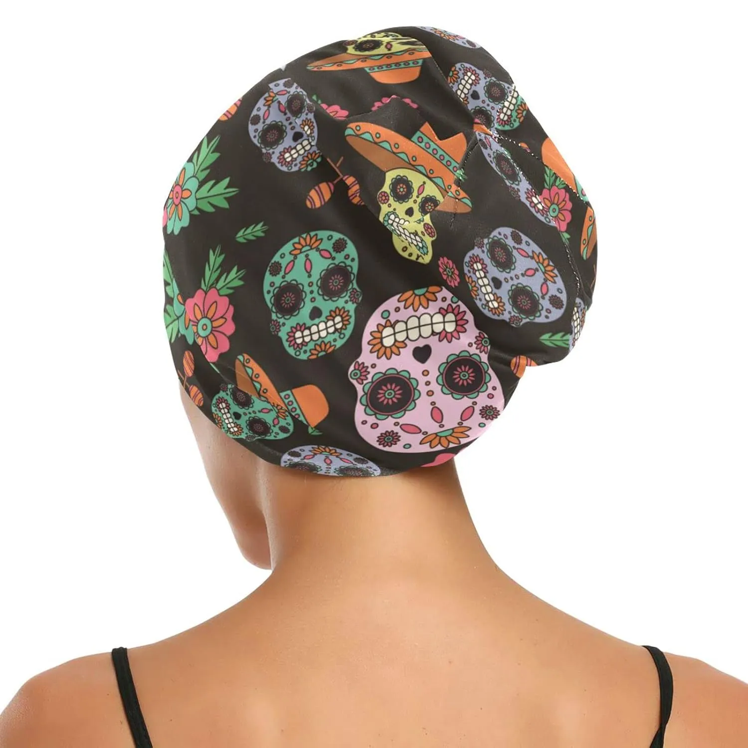 Beanie Hat Satin Bonnet Lined Sleep Cap Hair Wrap Cover Slouchy Beanie for Curly Hair Protection for Men Women Black Skull