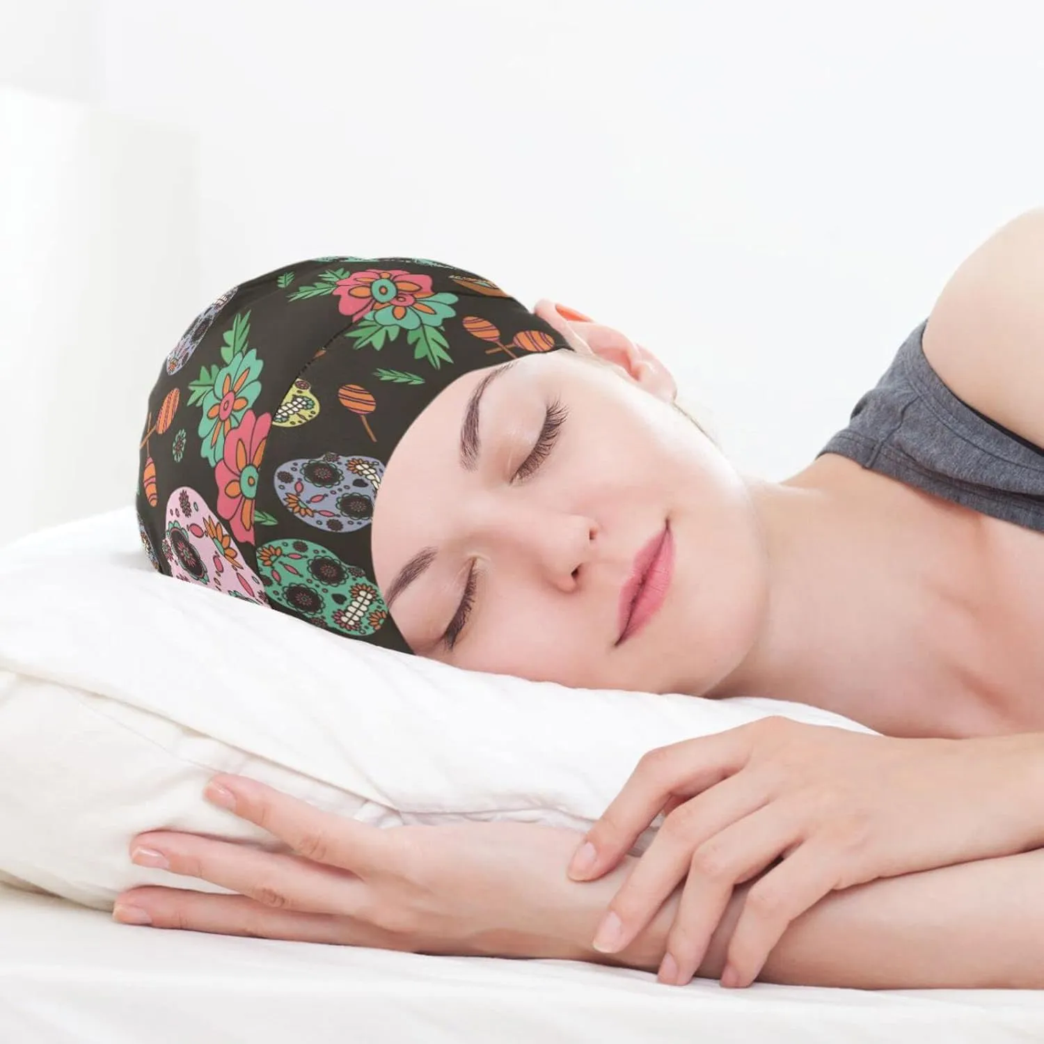 Beanie Hat Satin Bonnet Lined Sleep Cap Hair Wrap Cover Slouchy Beanie for Curly Hair Protection for Men Women Black Skull