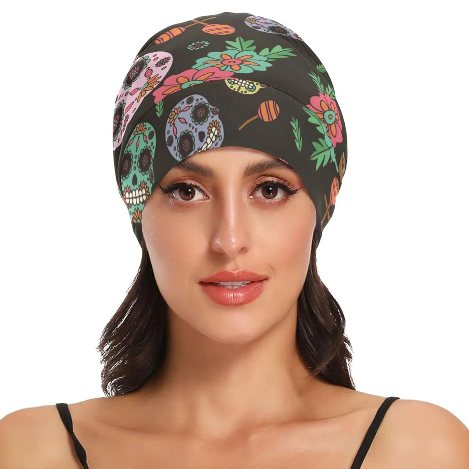 Beanie Hat Satin Bonnet Lined Sleep Cap Hair Wrap Cover Slouchy Beanie for Curly Hair Protection for Men Women Black Skull