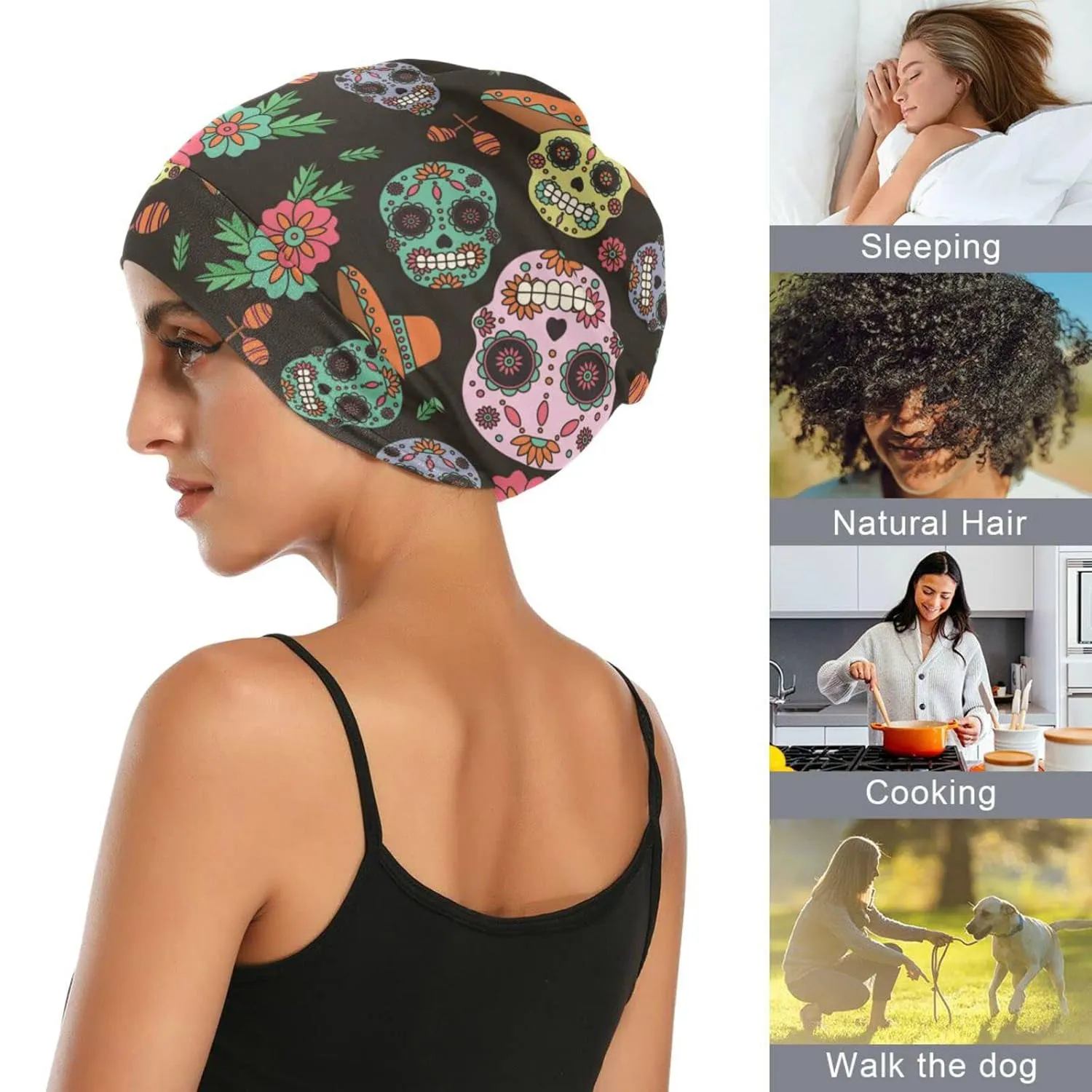 Beanie Hat Satin Bonnet Lined Sleep Cap Hair Wrap Cover Slouchy Beanie for Curly Hair Protection for Men Women Black Skull