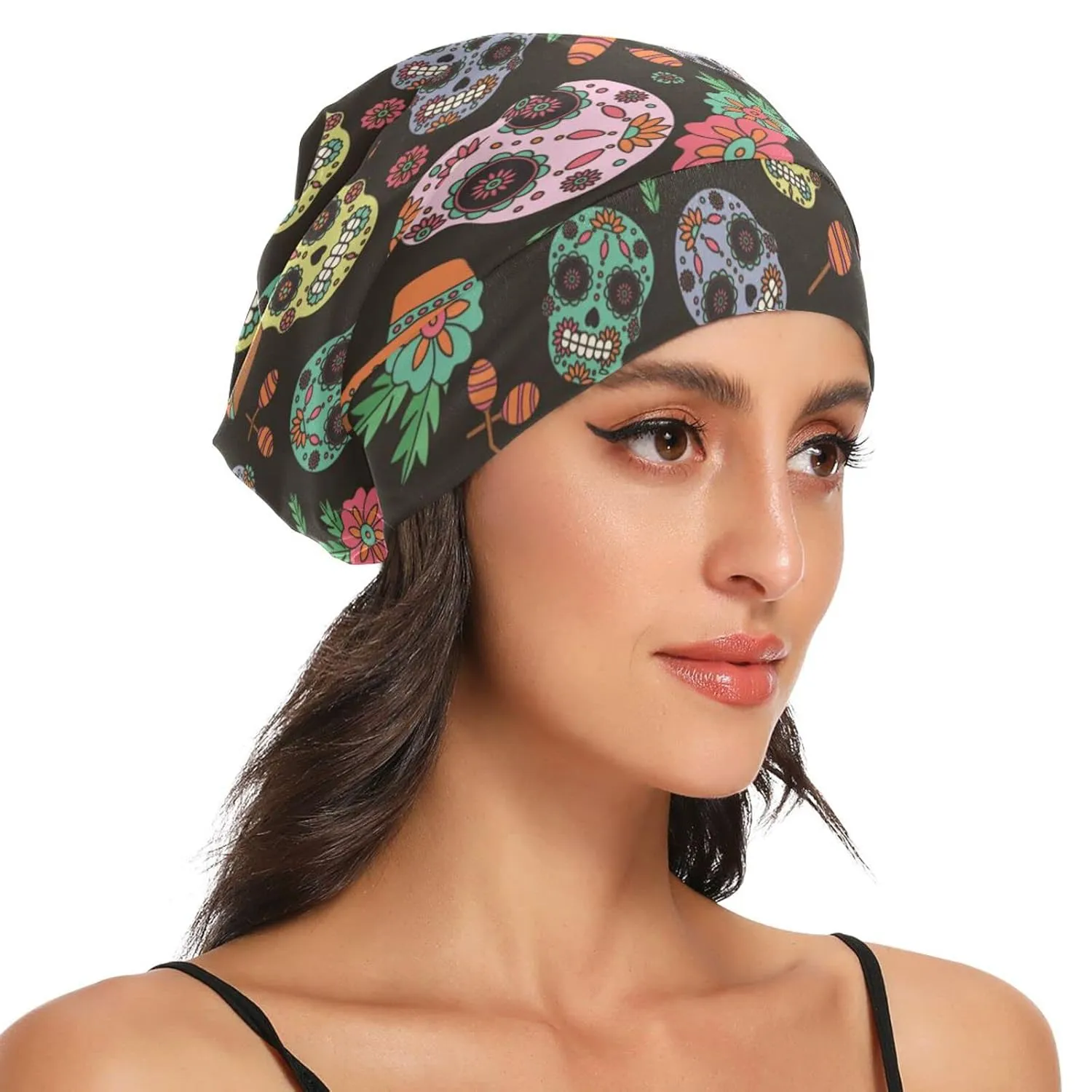 Beanie Hat Satin Bonnet Lined Sleep Cap Hair Wrap Cover Slouchy Beanie for Curly Hair Protection for Men Women Black Skull