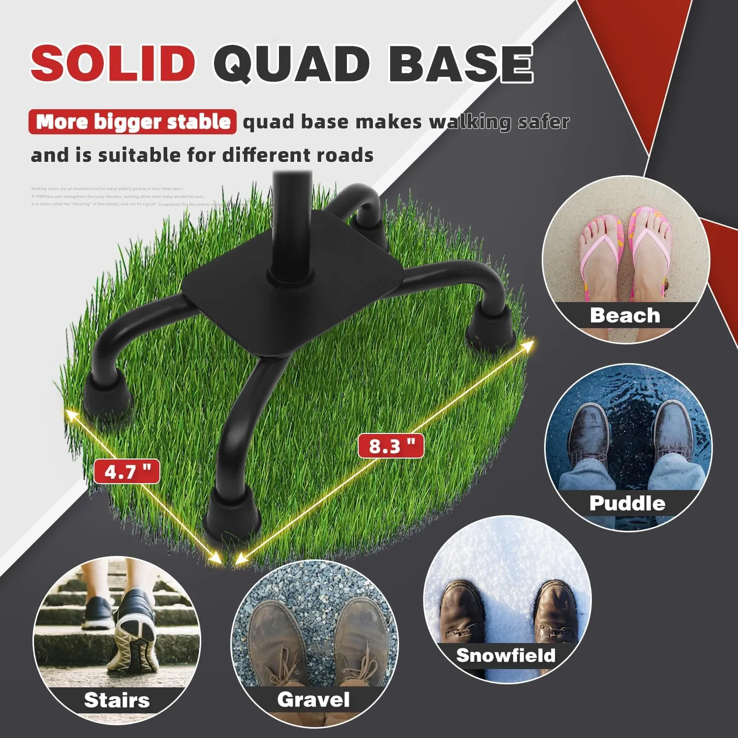 BeneCane Quad Cane Walking Cane with Two Led Lights with Big Base T Handle＆Lightweight Adjustable Walking Stick Four Pronged Sturdy for Men and Women