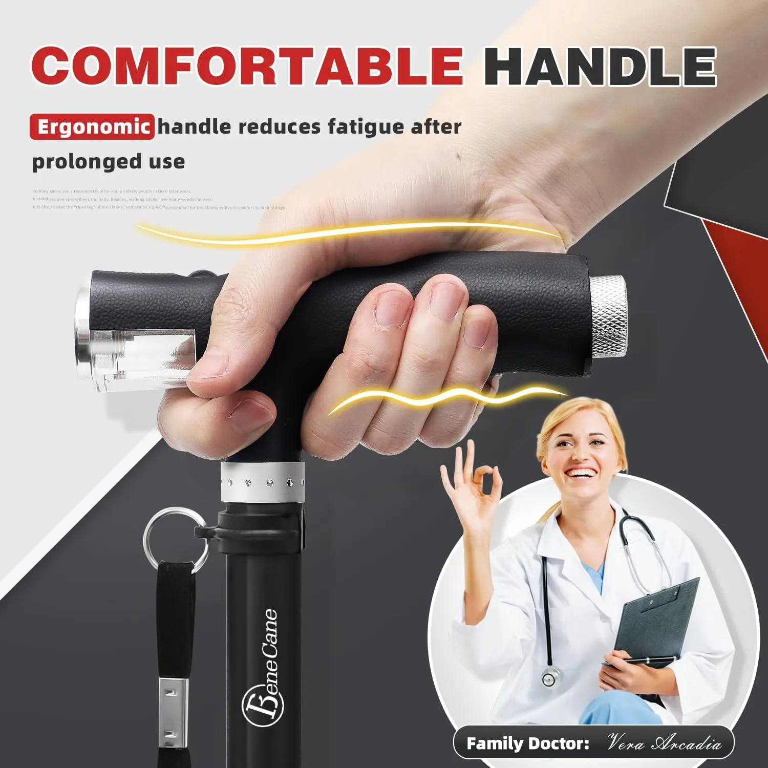 BeneCane Quad Cane Walking Cane with Two Led Lights with Big Base T Handle＆Lightweight Adjustable Walking Stick Four Pronged Sturdy for Men and Women