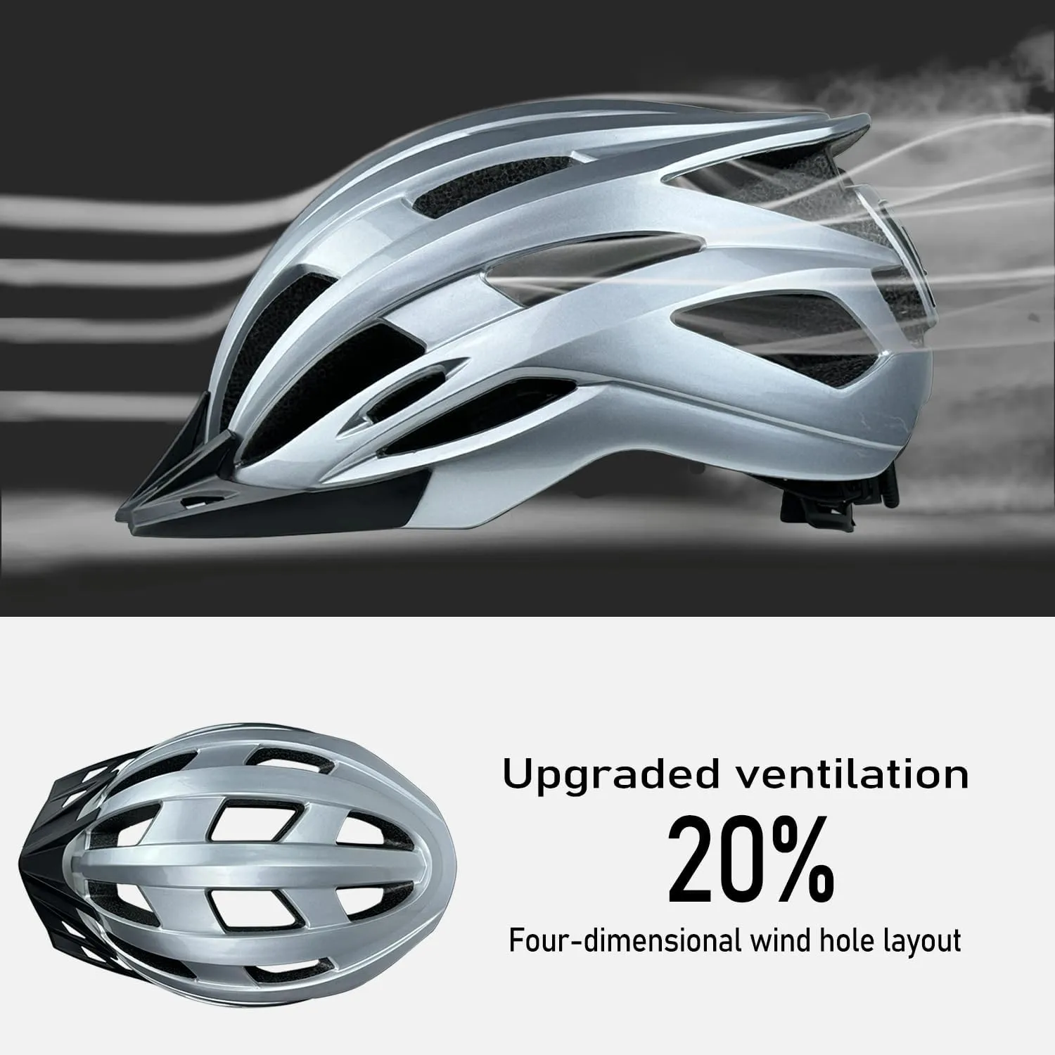 Bike Helmet for Adult Men Women with Multi-Mode Rear LED Light, with Suggested Fit 56-62cm, Lightweight with Adjustable Dial, Side and Chin Strap, Carbon Black Shiny Surface