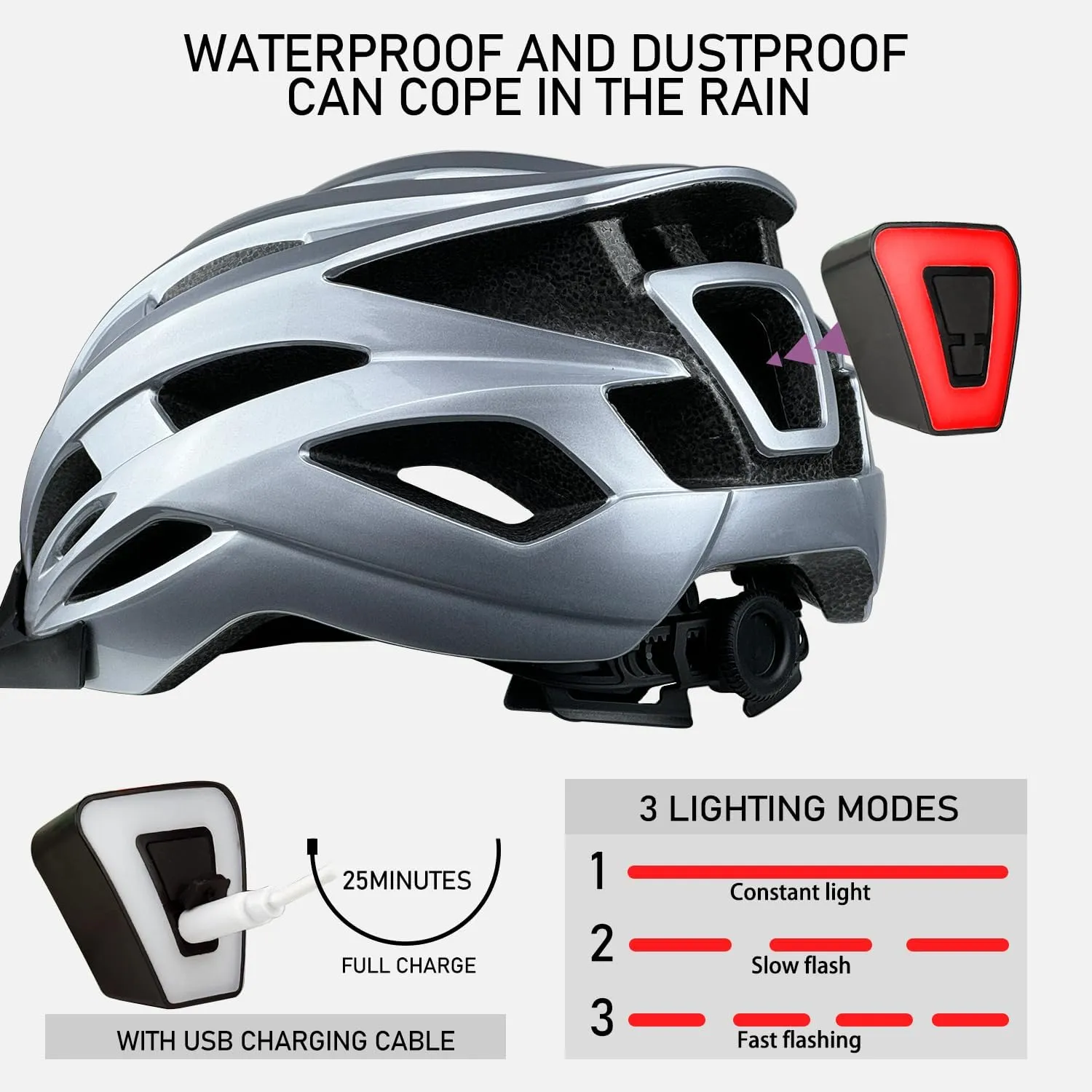 Bike Helmet for Adult Men Women with Multi-Mode Rear LED Light, with Suggested Fit 56-62cm, Lightweight with Adjustable Dial, Side and Chin Strap, Carbon Black Shiny Surface