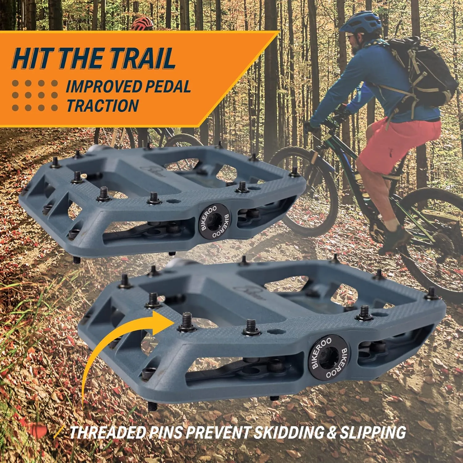 Bikeroo Mountain Bike Pedals - Nylon Fiber MTB Pedals for Mountain and Road Bikes - Flat Platform Bicycle Pedal for Adults -