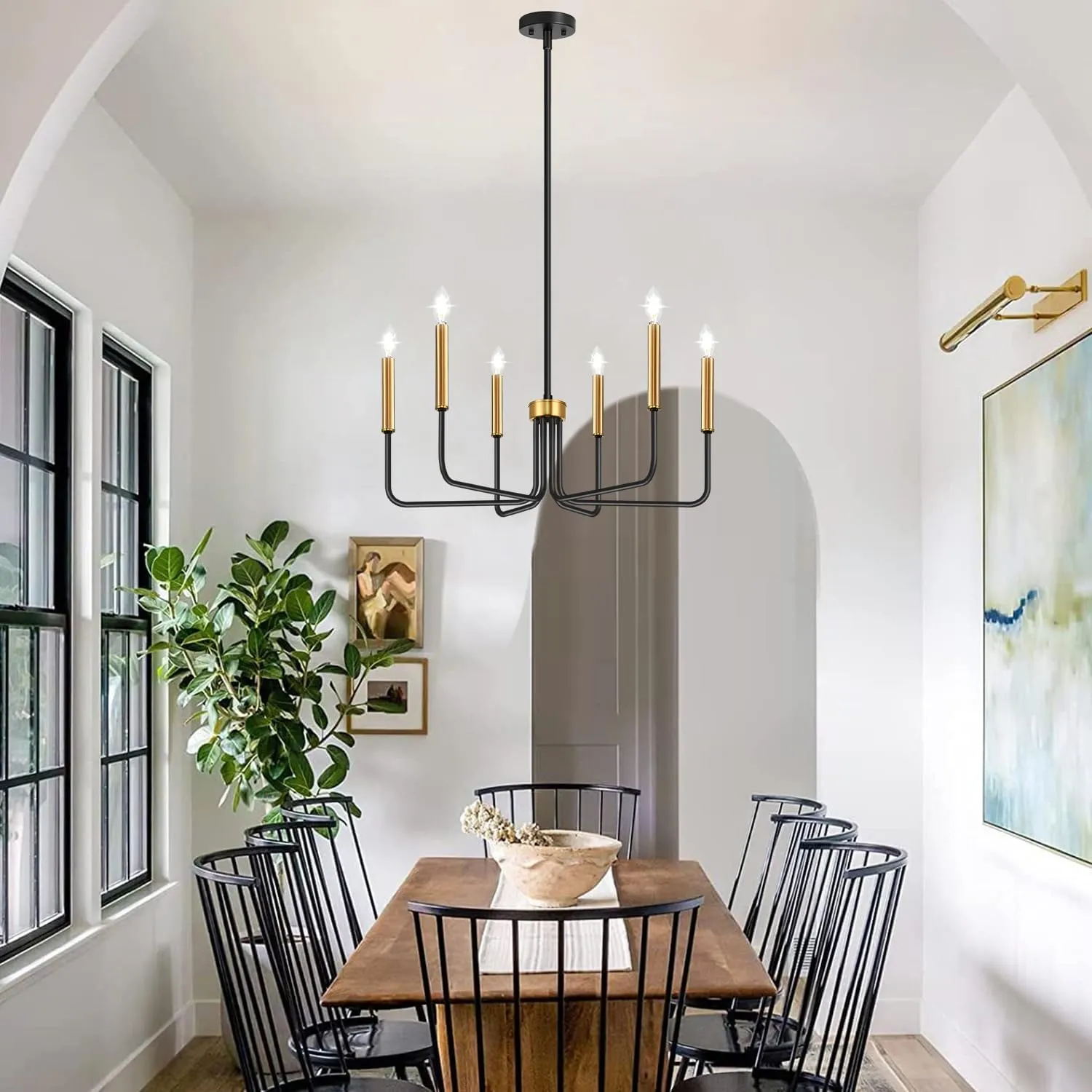 Black and Gold Chandelier, 6-Light Farmhouse Chandelier for Dining Room Lighting Fixtures Hanging, Dining Light Fixtures Industrial Modern Light Fixture for Bedroom, Foyer, Living Room and Entryway