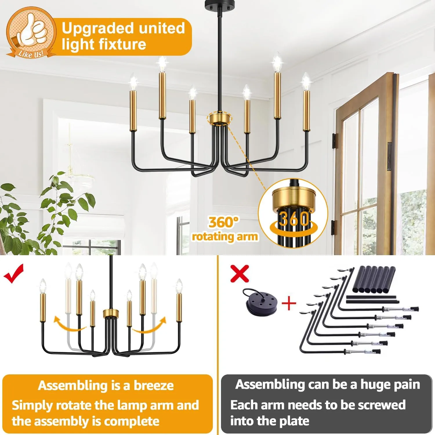 Black and Gold Chandelier, 6-Light Farmhouse Chandelier for Dining Room Lighting Fixtures Hanging, Dining Light Fixtures Industrial Modern Light Fixture for Bedroom, Foyer, Living Room and Entryway