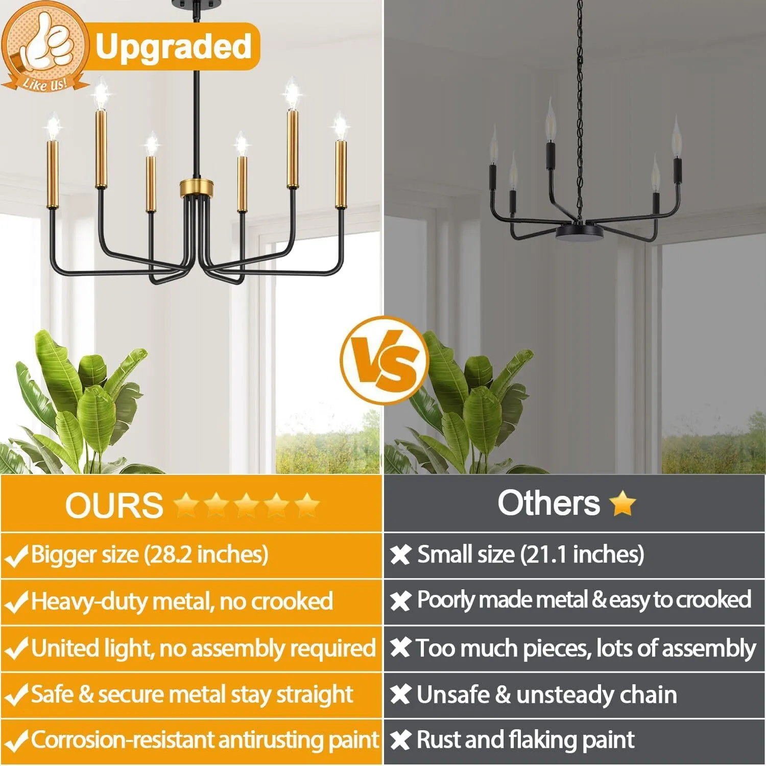 Black and Gold Chandelier, 6-Light Farmhouse Chandelier for Dining Room Lighting Fixtures Hanging, Dining Light Fixtures Industrial Modern Light Fixture for Bedroom, Foyer, Living Room and Entryway