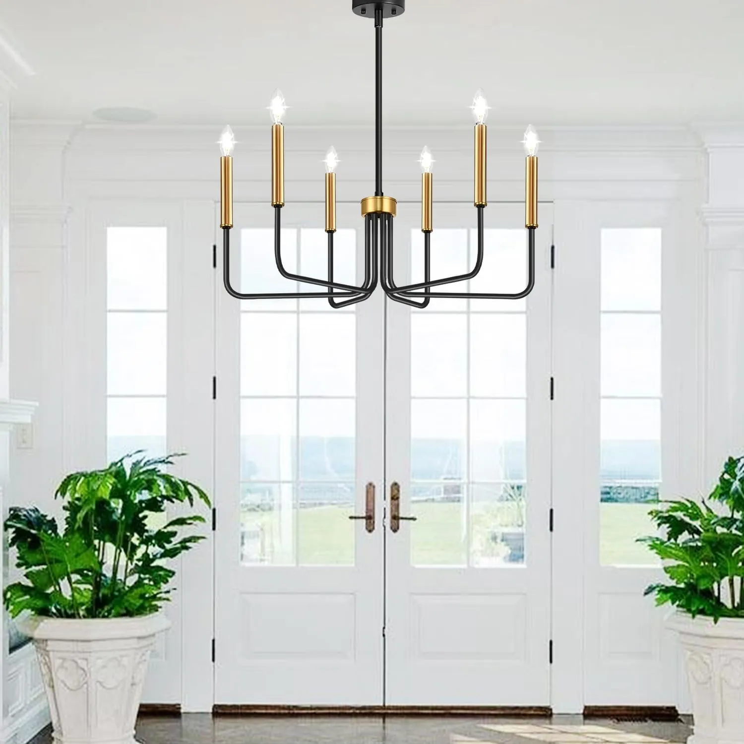 Black and Gold Chandelier, 6-Light Farmhouse Chandelier for Dining Room Lighting Fixtures Hanging, Dining Light Fixtures Industrial Modern Light Fixture for Bedroom, Foyer, Living Room and Entryway