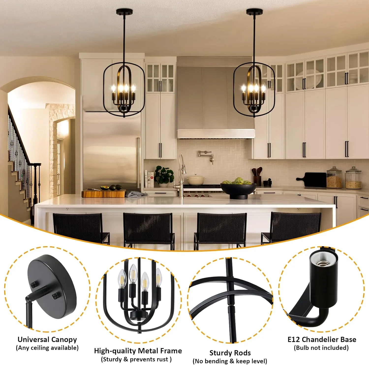 Black Chandelier Light, Modern Farmhouse Chandeliers for Dining Room Light Fixture Entryway Industrial Rustic Geometric Hanging Foyer Lighting Fixtures Kitchen Chandelier for Entryway Bedroom Hallway