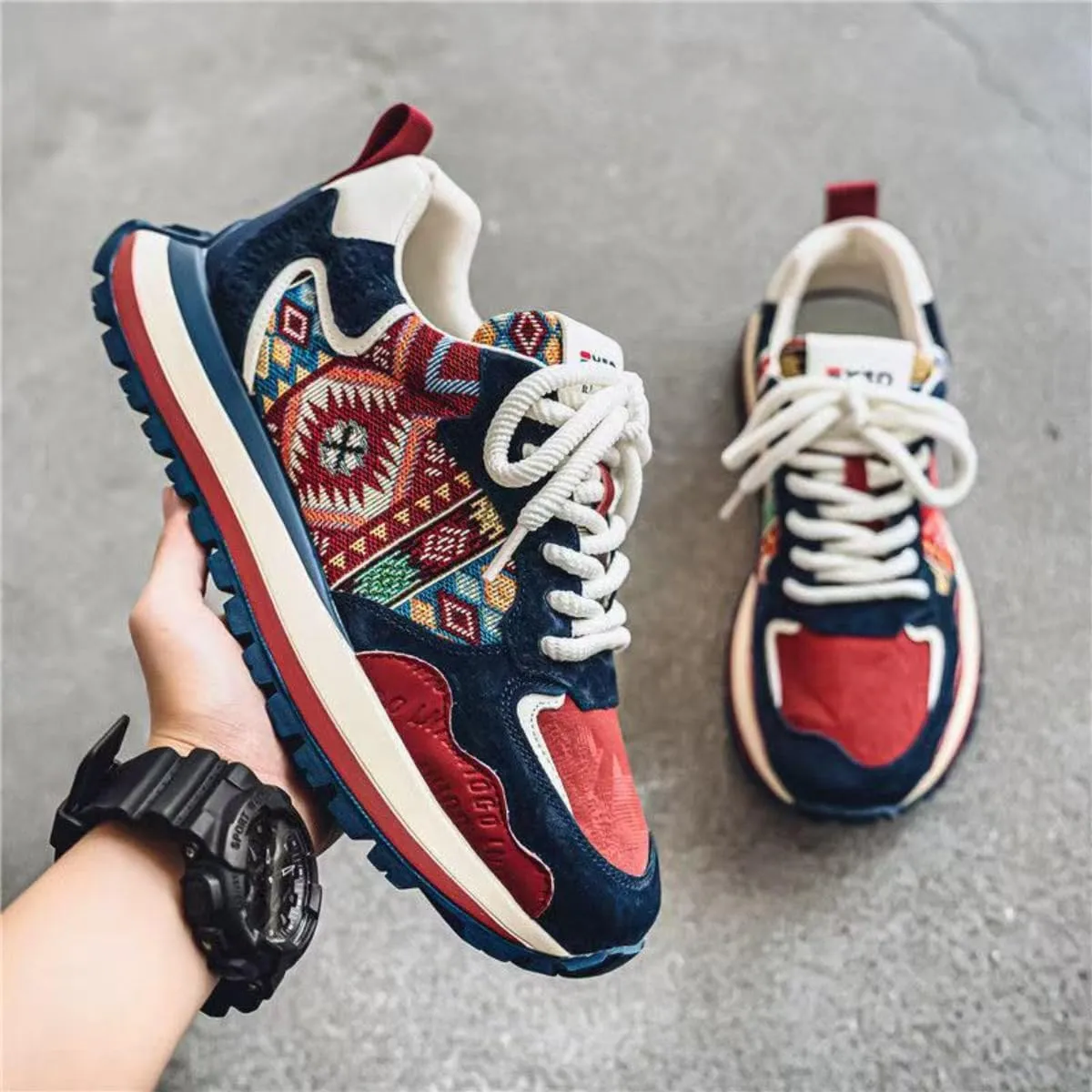 Bohemian Patchwork Sneakers for Women, Low-Top Leather Dad Shoes, Big Sizes for Students & Fashion Lovers