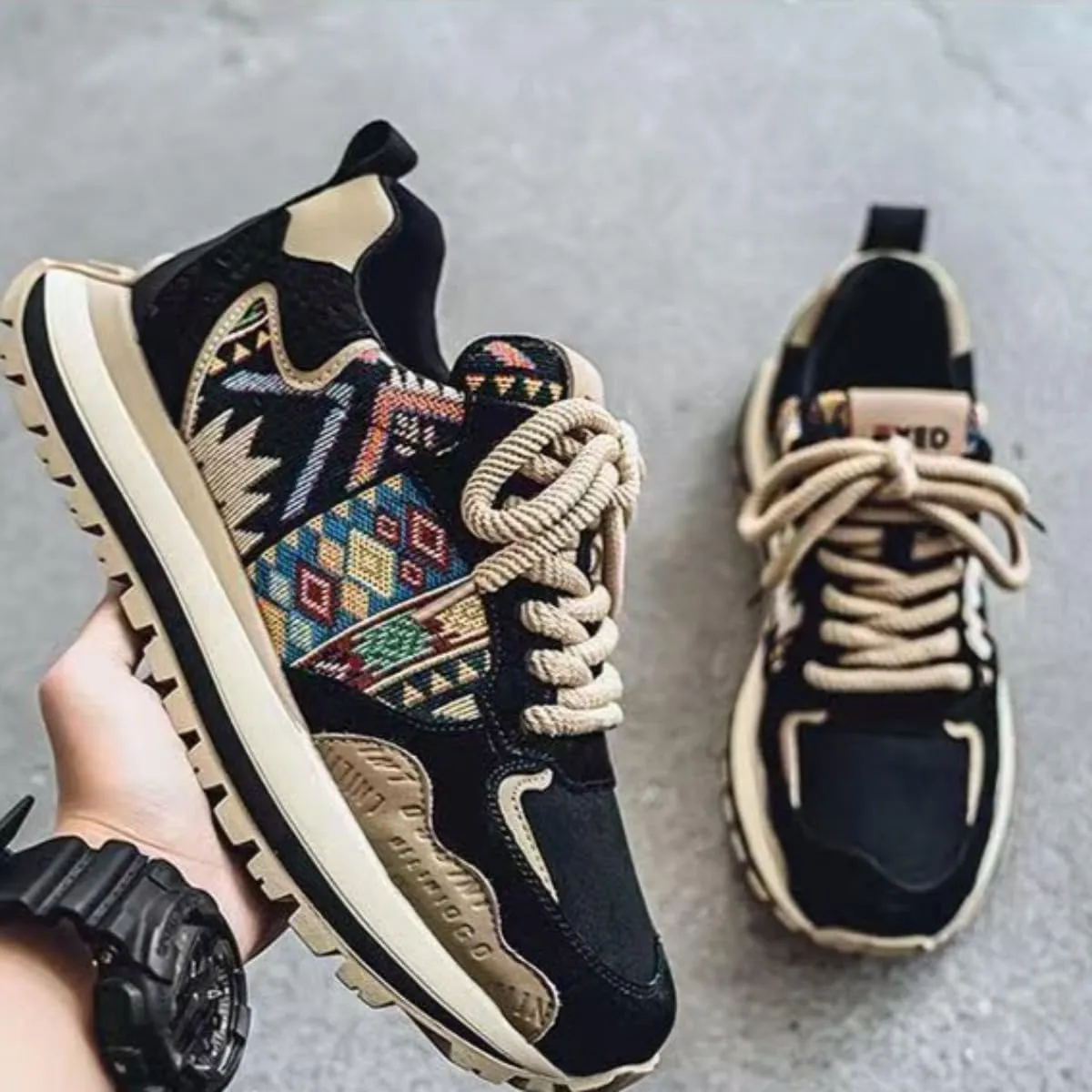 Bohemian Patchwork Sneakers for Women, Low-Top Leather Dad Shoes, Big Sizes for Students & Fashion Lovers