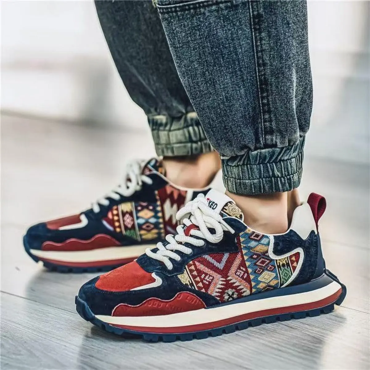 Bohemian Patchwork Sneakers for Women, Low-Top Leather Dad Shoes, Big Sizes for Students & Fashion Lovers