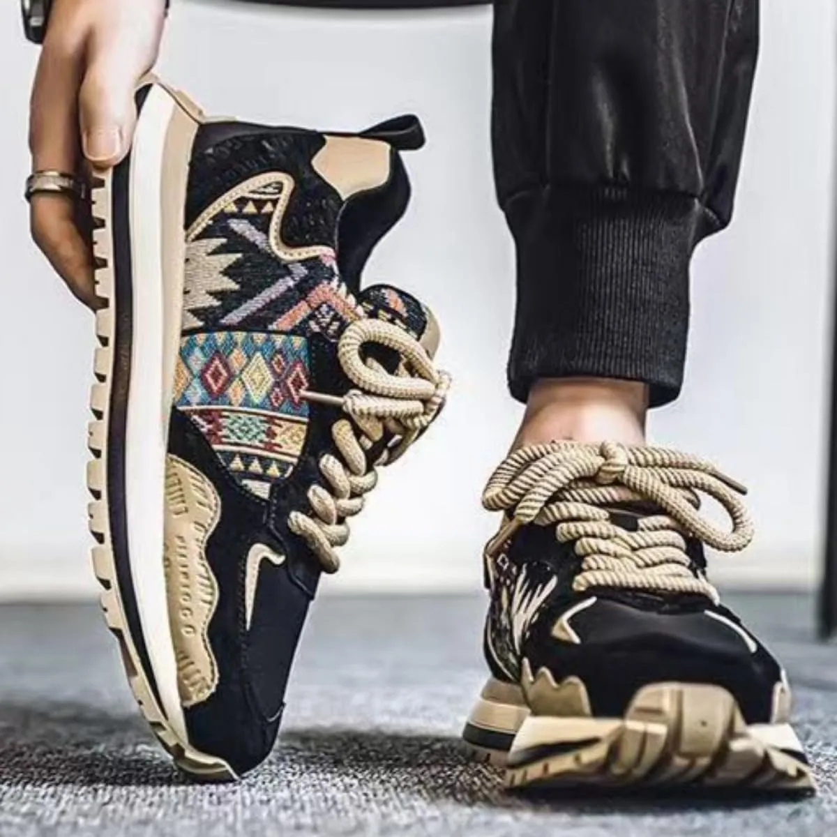 Bohemian Patchwork Sneakers for Women, Low-Top Leather Dad Shoes, Big Sizes for Students & Fashion Lovers