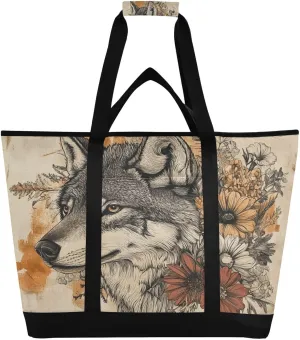 Boho Wolf Reusable Insulated Lunchbox Cooler Bag, Leakproof Kitchen Grocery Bag Collapsible Portable Cooler Tote Bag for Picnic, Camping, Office, Travel