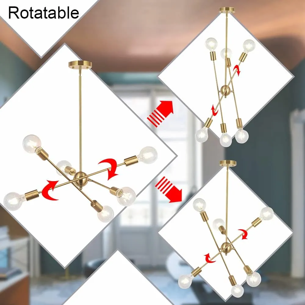 BONLICHT Modern Sputnik Chandelier Lighting 6 Lights Brushed Brass Chandelier Mid Century Pendant Lighting Gold Ceiling Light Fixture for Hallway Bar Kitchen Dining Room