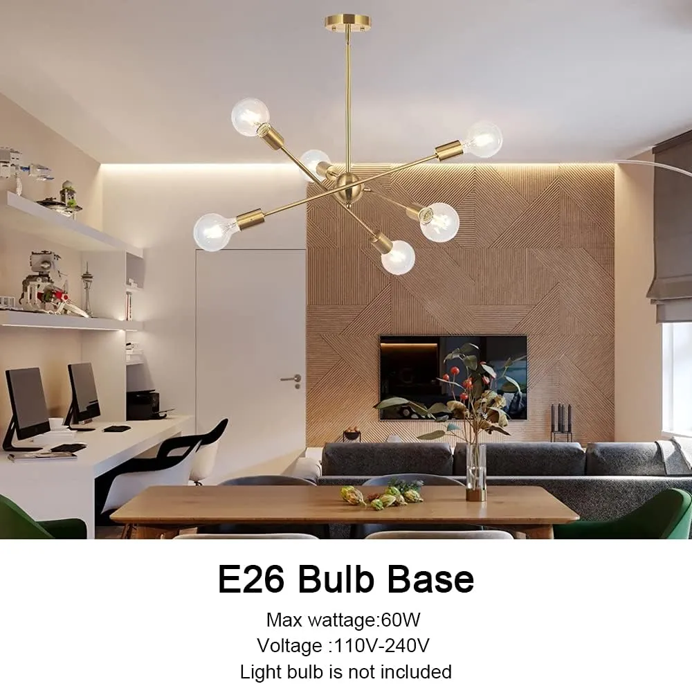 BONLICHT Modern Sputnik Chandelier Lighting 6 Lights Brushed Brass Chandelier Mid Century Pendant Lighting Gold Ceiling Light Fixture for Hallway Bar Kitchen Dining Room