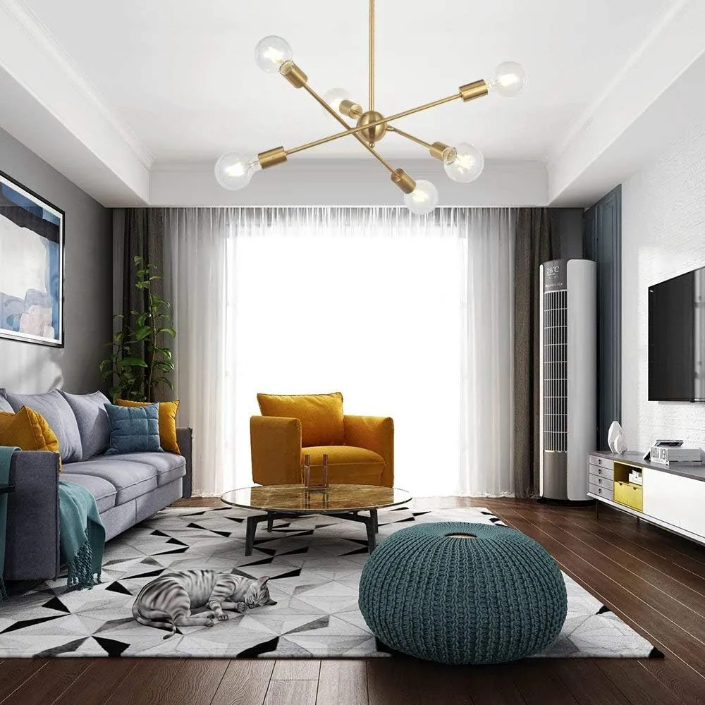 BONLICHT Modern Sputnik Chandelier Lighting 6 Lights Brushed Brass Chandelier Mid Century Pendant Lighting Gold Ceiling Light Fixture for Hallway Bar Kitchen Dining Room