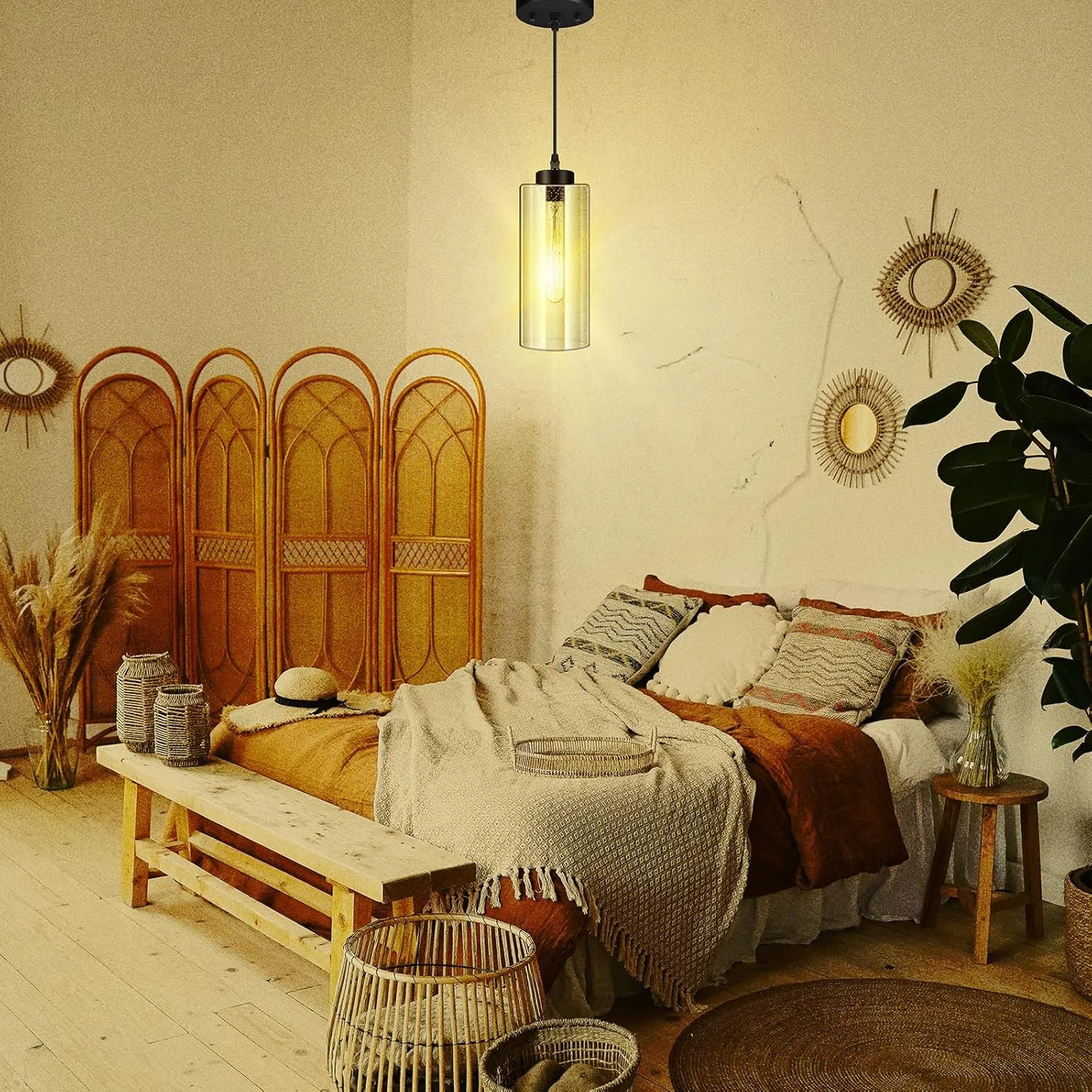 BoostArea Modern Pendant Lights, Industrial Hanging Ceiling Lamp with Seeded Glass Shade, Farmhouse Pendant Lighting for Kitchen Island Living Room Hallway Bedroom Dining Hall Bar（Bulb Included）