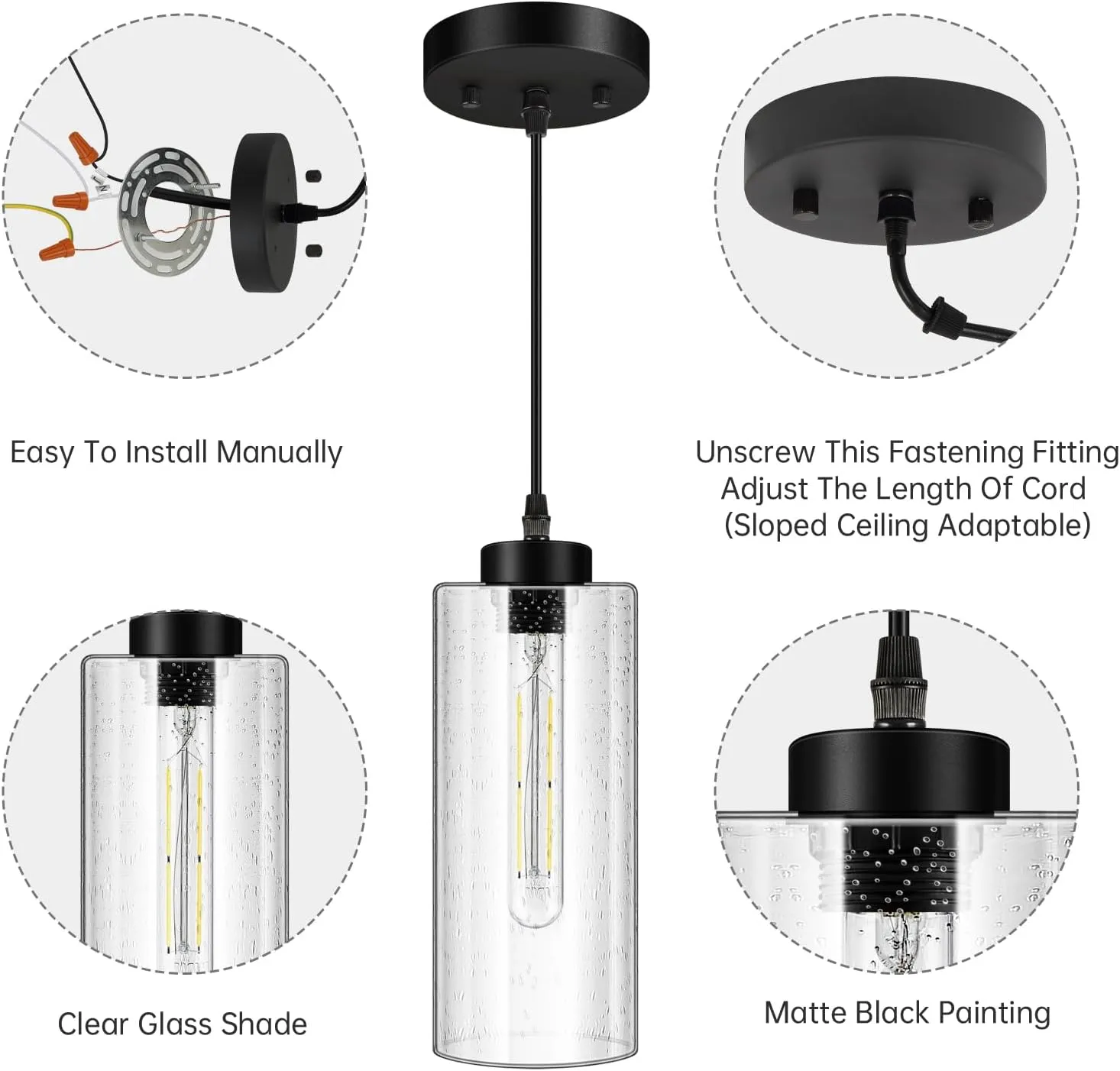 BoostArea Modern Pendant Lights, Industrial Hanging Ceiling Lamp with Seeded Glass Shade, Farmhouse Pendant Lighting for Kitchen Island Living Room Hallway Bedroom Dining Hall Bar（Bulb Included）